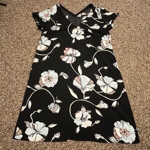 A-line Floral Black Dress, V-neck